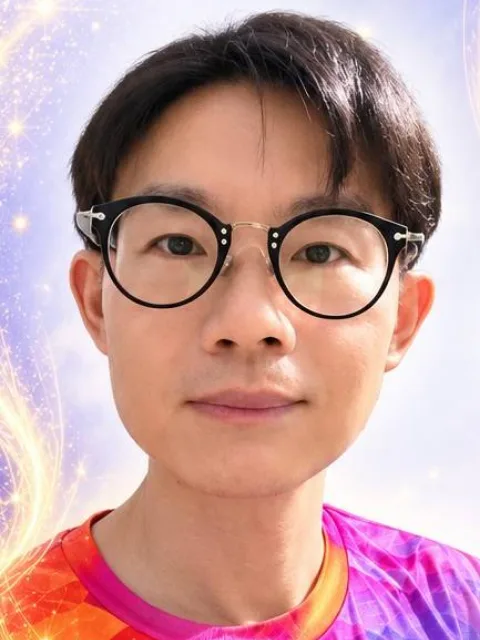 紹銘的自拍，背景是彩色的光。